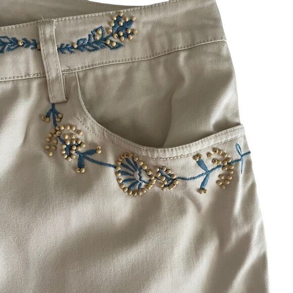 Talbots Beaded Crop Khaki Pants 6 Stretch Twill Embroidered Classic Indie - Picture 5 of 11